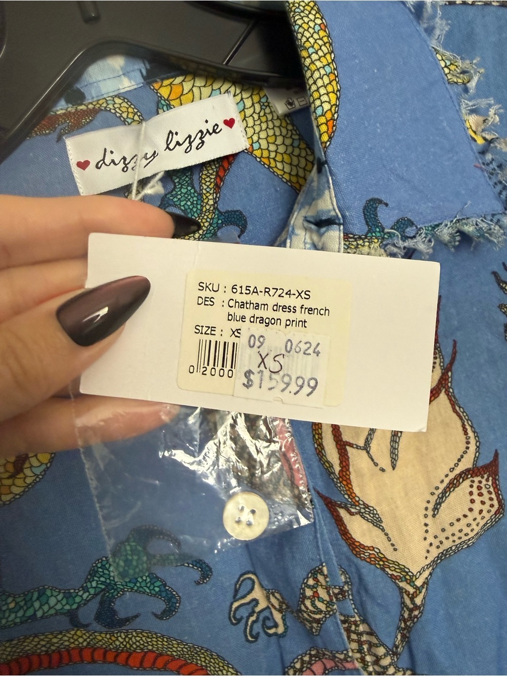 NWT Dizzy Lizzie French Blue Dragon Print Chatham Dress XS Cotton Linen Whimsy - Picture 6 of 8